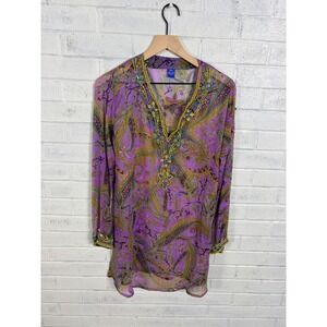 Raj Silk Tunic Top Womens L Purple Paisley Beaded Sheer Boho V Neck Blouse